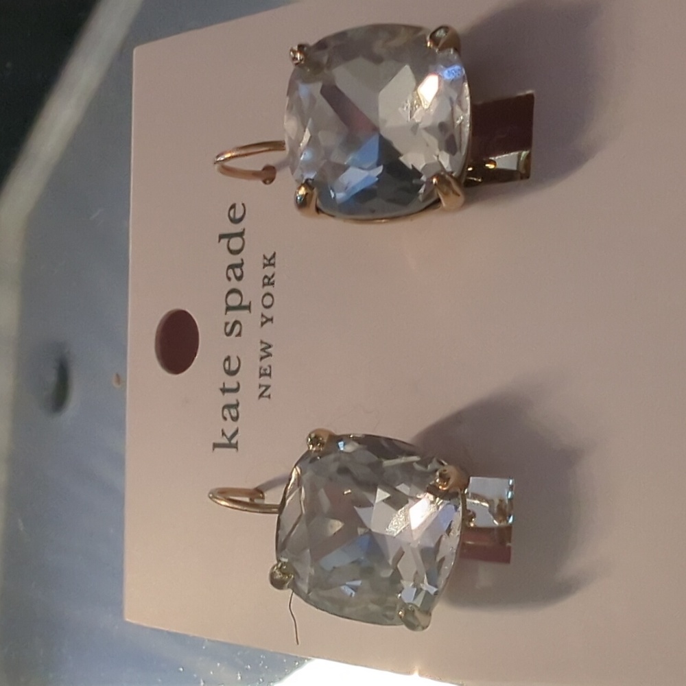Kade Spade, gold tone, crystal square, leverback earings